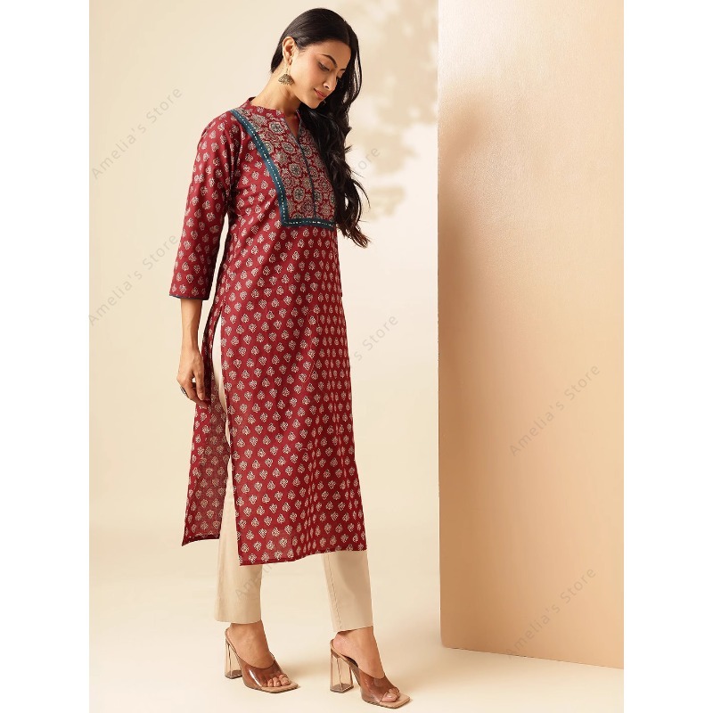 春夏 レディース エスニック マルーン 花柄プリント クルタ - Summer Clothing India のレビューと価格