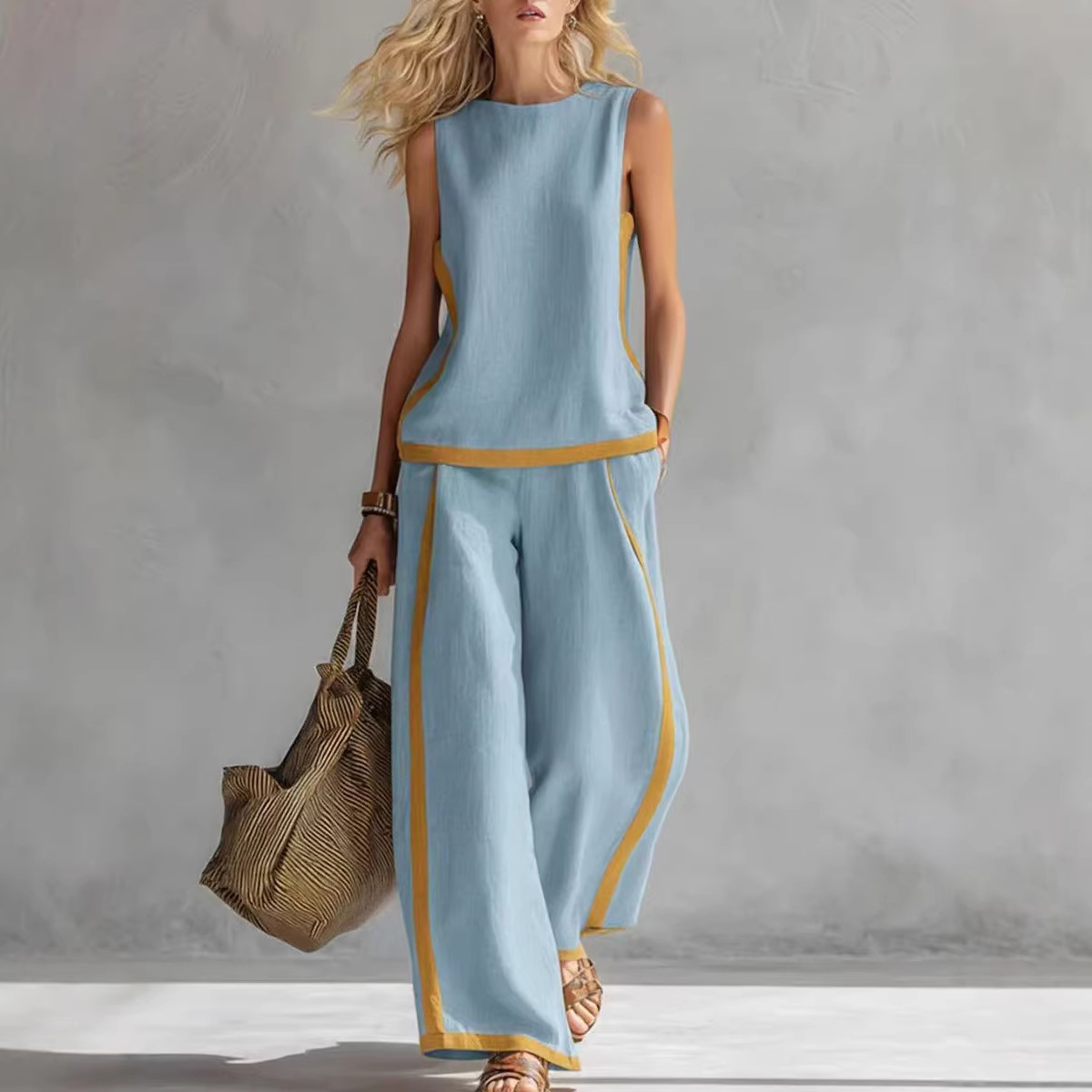 レディースリネン2ピースセット カラーブロック ノースリーブ - Summer Linen Clothing For Women のレビューと価格