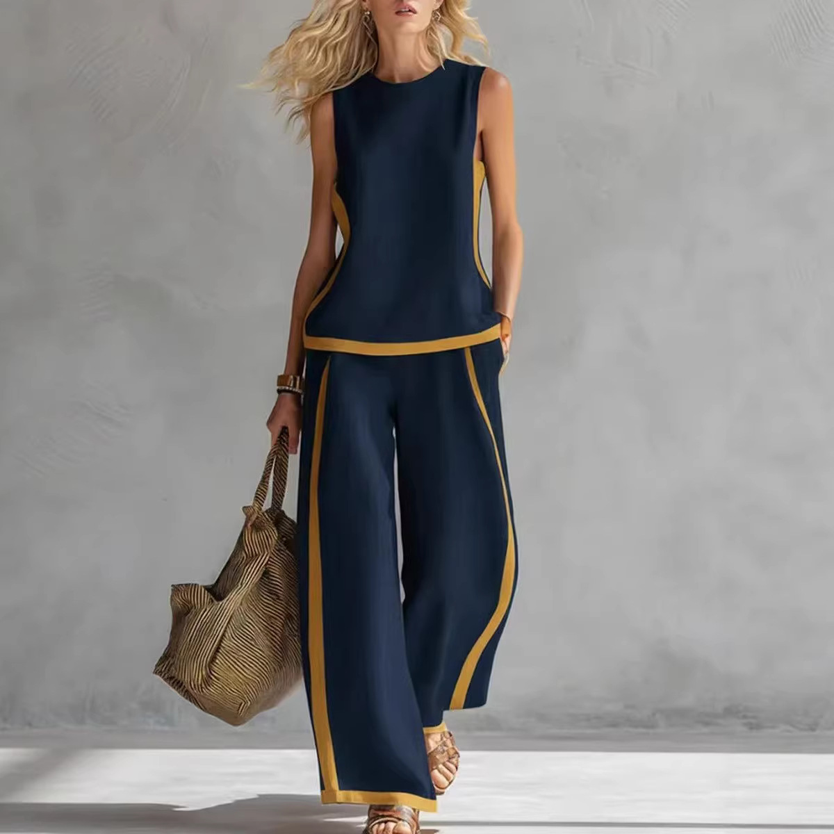 レディースリネン2ピースセット カラーブロック ノースリーブ - Summer Linen Clothing For Women のレビューと価格