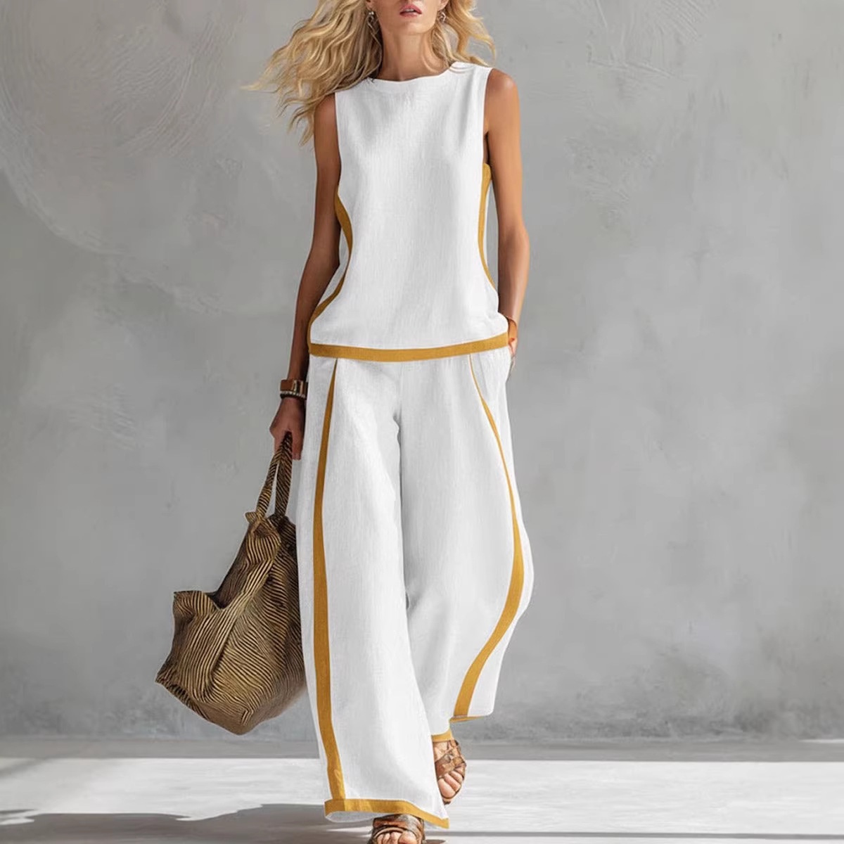 レディースリネン2ピースセット カラーブロック ノースリーブ - Summer Linen Clothing For Women のレビューと価格