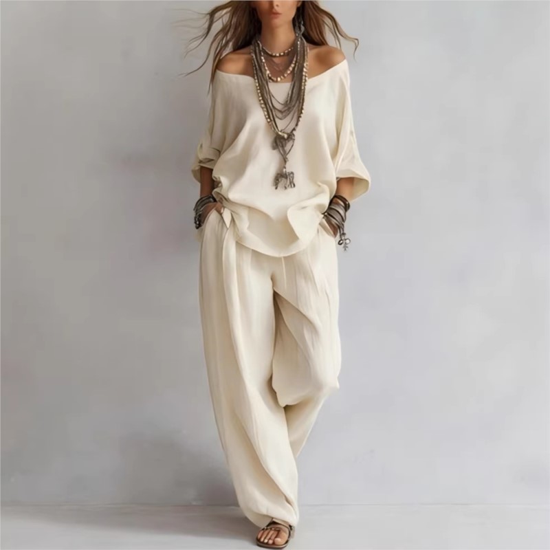 レディースツーピース七分袖トップスワンショルダーワイドレッグ - Summer Linen Clothing For Women のレビューと価格