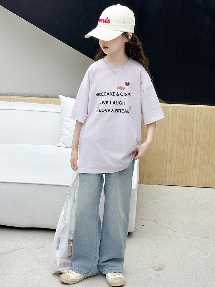 女の子の夏用半袖Tシャツセットカジュアルデニムツーピーススー - Summer Clothing For Girls のレビューと価格