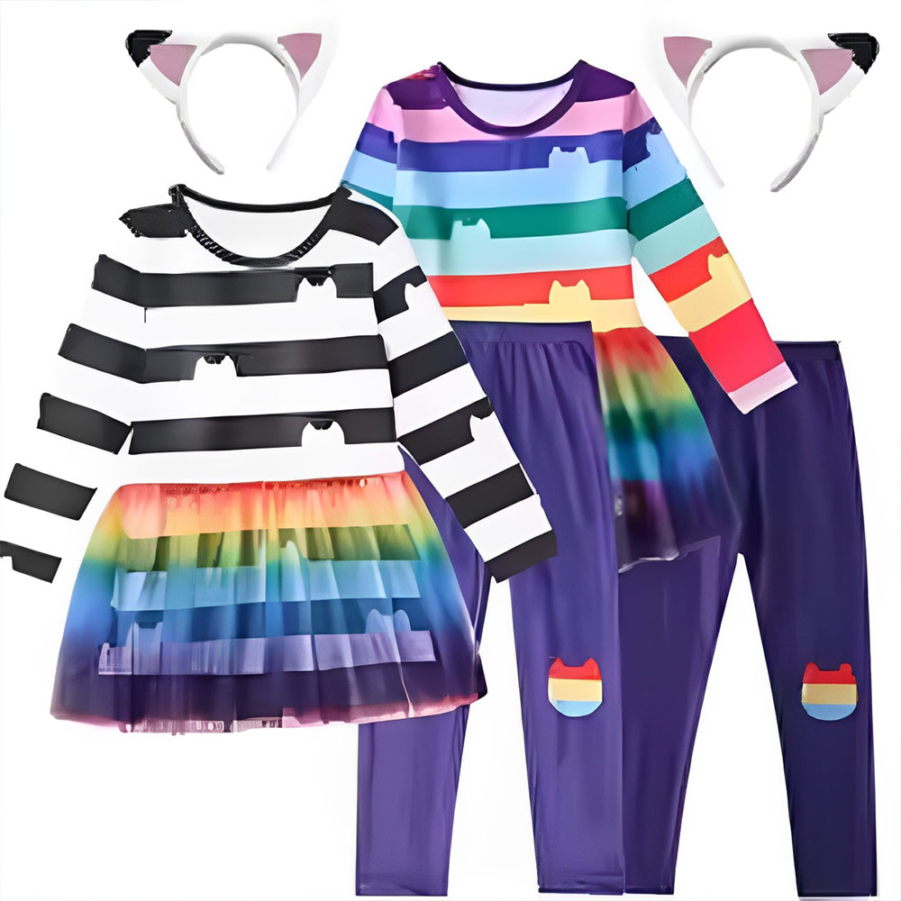 2026年カートゥーン黒白ストライプトップス+パンツ+耳付き - Summer Clothing For Teen Girls のレビューと価格
