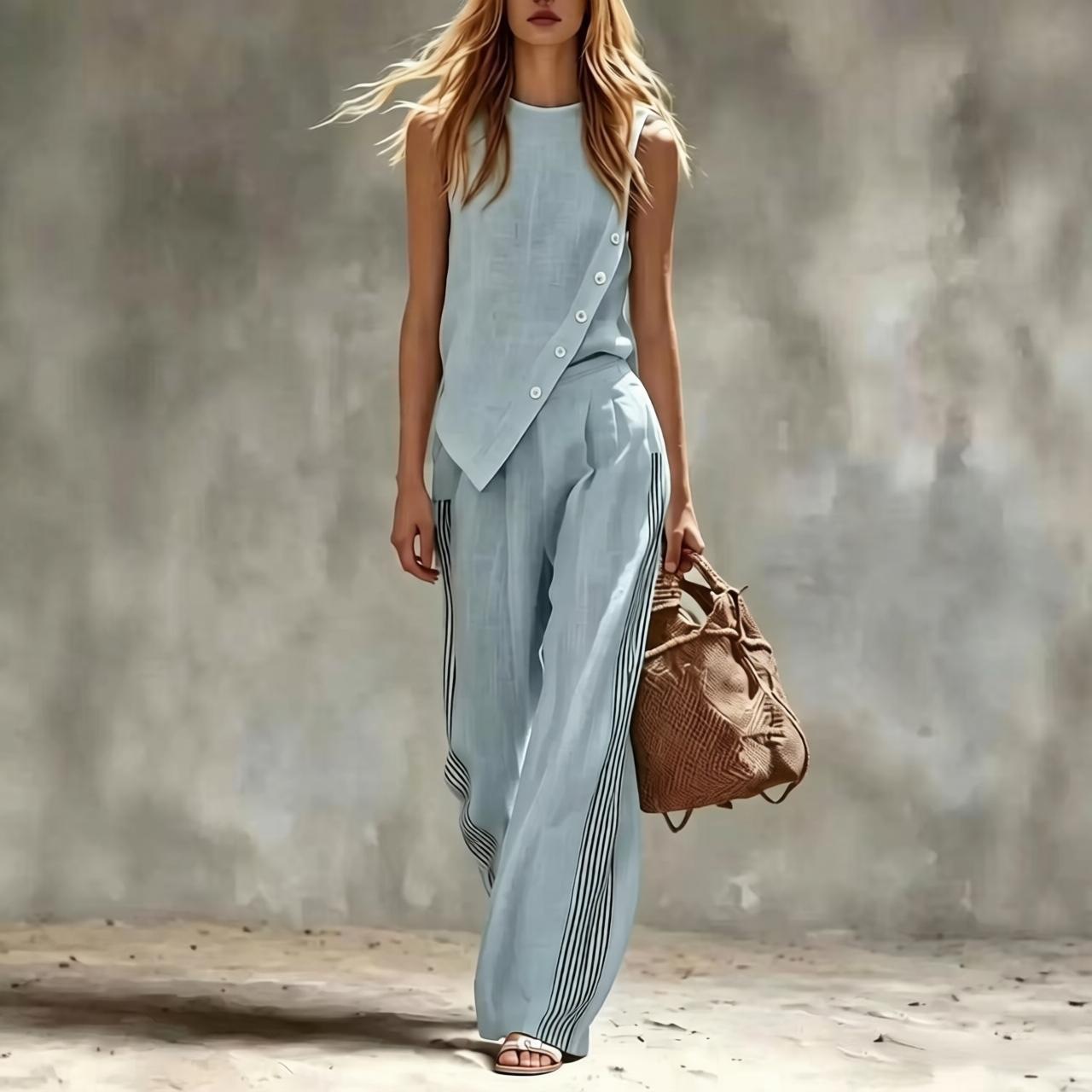 サイドボタン付きイレギュラーノースリーブリネン2ピースセット - Summer Linen Clothing For Women のレビューと価格