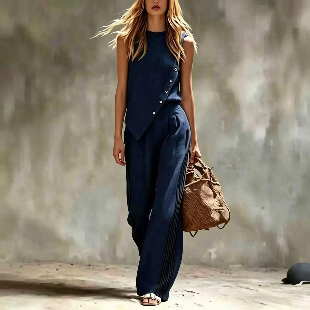 サイドボタン付きイレギュラーノースリーブリネン2ピースセット - Summer Linen Clothing For Women のレビューと価格