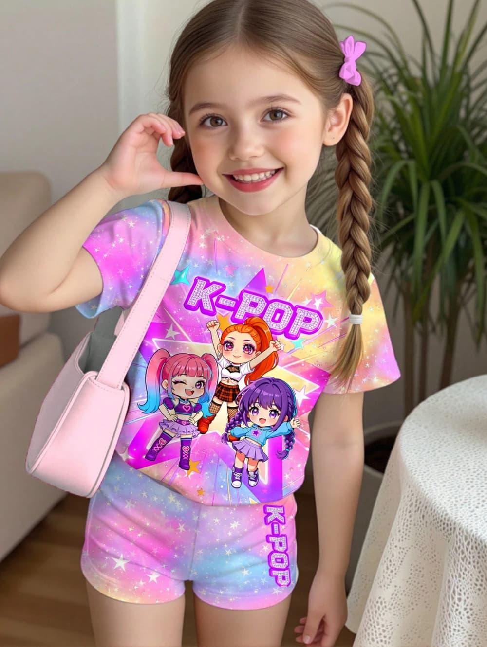 K-POP風漫画グラフィックガールズTシャツ＆パンツセット  - Summer Clothing List のレビューと価格