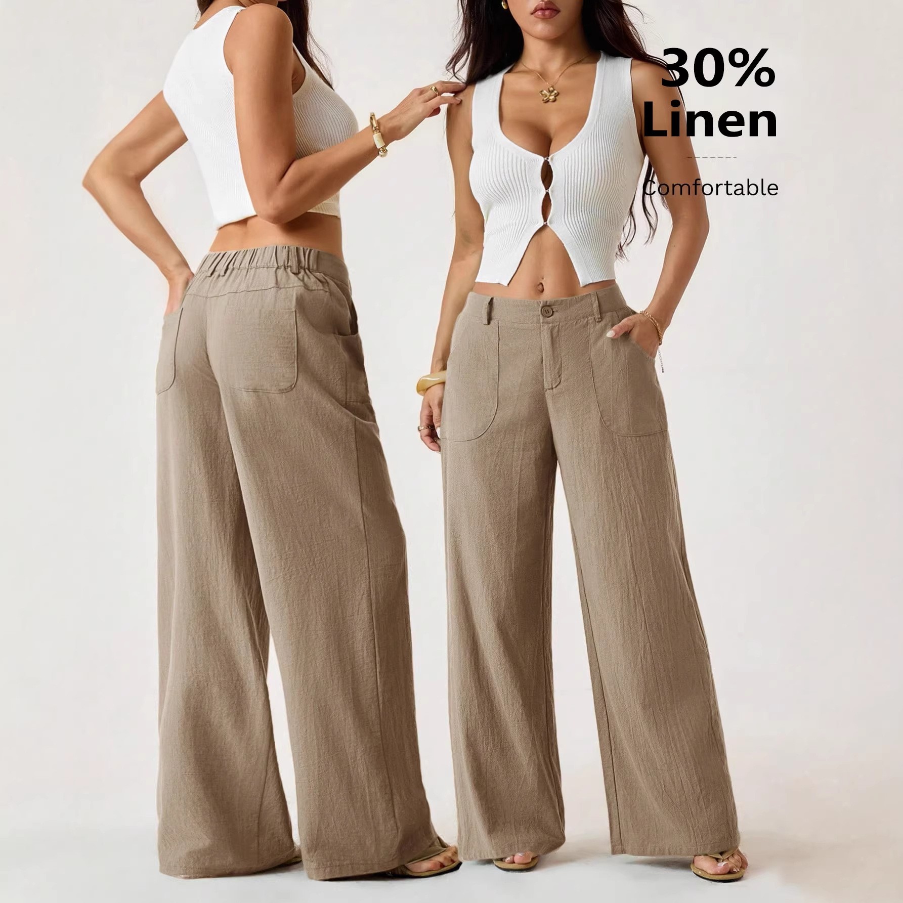 女性のカジュアルなミッドウエストリネン織りフルレングスソリッ - Summer Linen Clothing For Women のレビューと価格