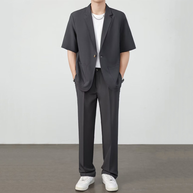 夏用薄手アイスシルクドレープスーツセットメンズ半袖ジャケット - Summer Clothing For Teens のレビューと価格
