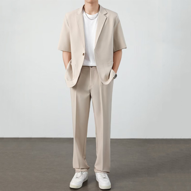 夏用薄手アイスシルクドレープスーツセットメンズ半袖ジャケット - Summer Clothing For Teens のレビューと価格