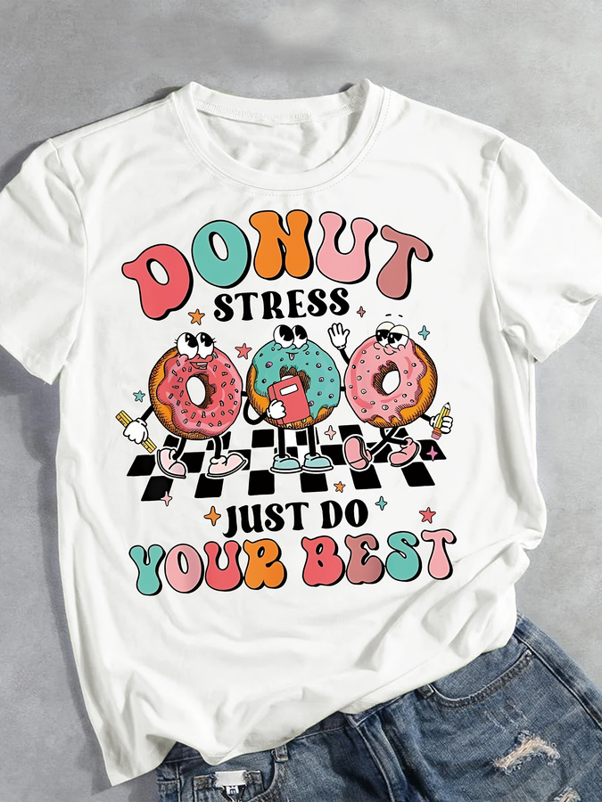 漫画ドーナツプリントTシャツ、夏と春用の半袖クルーネックカジ - Summer Clothing Trends 2025 のレビューと価格