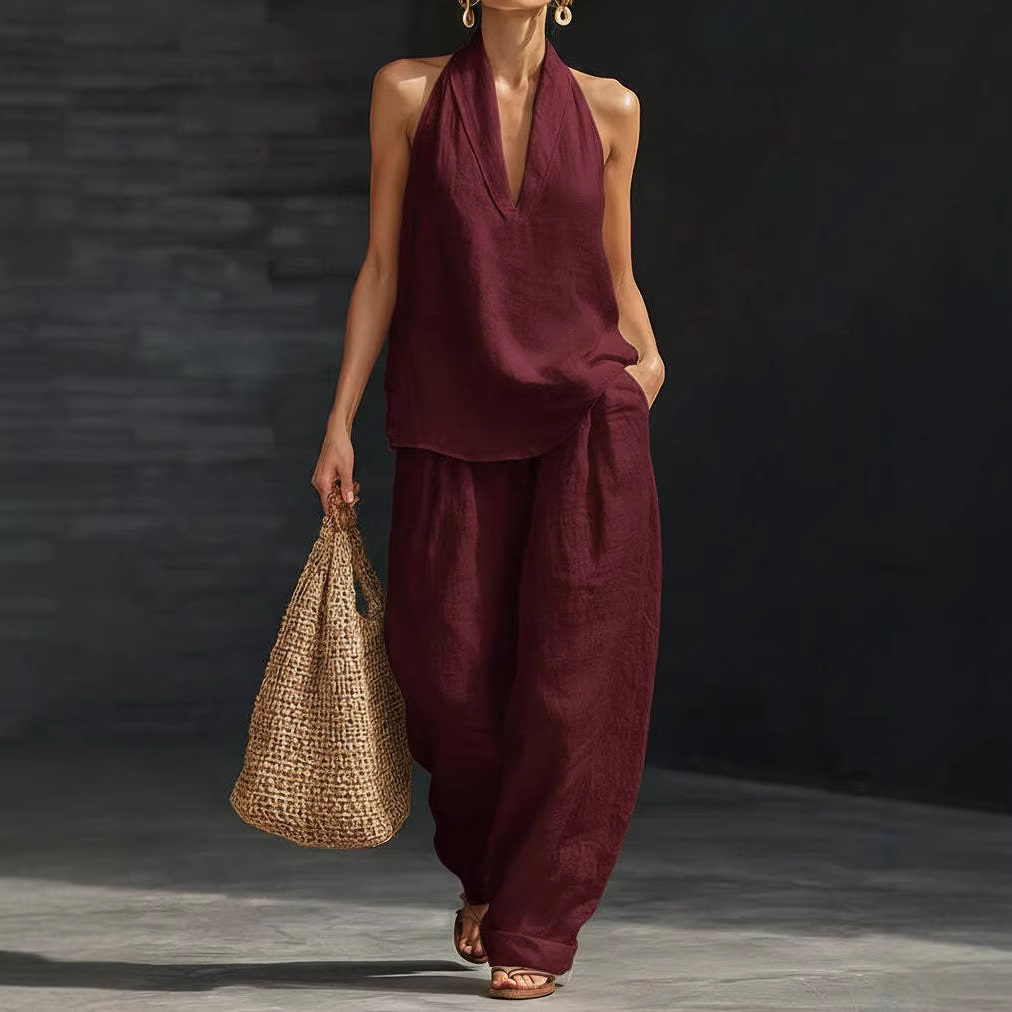 夏のレトロな綿麻セットアップ レディース エレガントなVネッ - Summer Linen Clothing For Women のレビューと価格