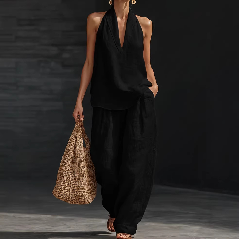 夏のレトロな綿麻セットアップ レディース エレガントなVネッ - Summer Linen Clothing For Women のレビューと価格