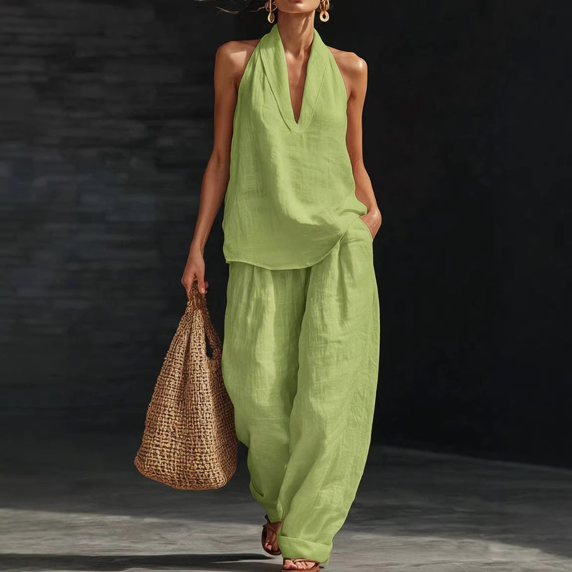 夏のレトロな綿麻セットアップ レディース エレガントなVネッ - Summer Linen Clothing For Women のレビューと価格