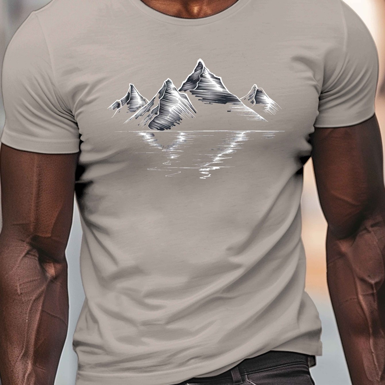 メンズカジュアルロイヤルTシャツ、穏やかな山脈プリント、クル - Summer Clothing Range のレビューと価格