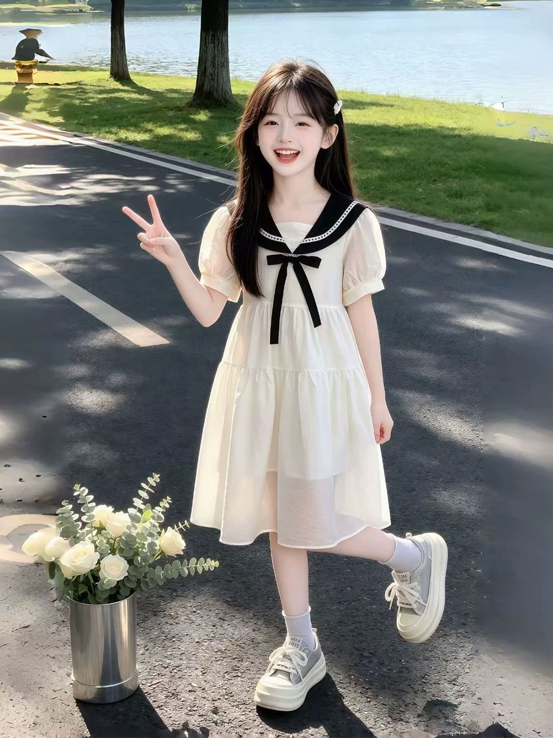 女の子サマードレスネイビーカラースクールスタイル子供服ソフト - Summer Clothing Old Navy のレビューと価格