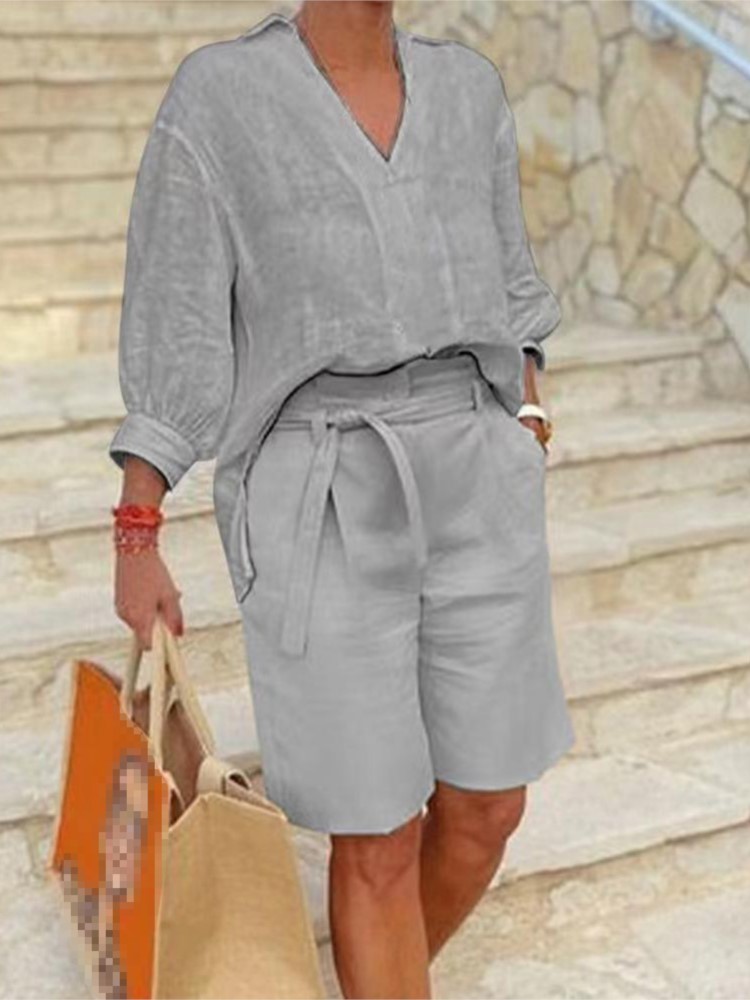 ゆったりとしたコットンとリネンのツーピースセット,半袖,Vネ - Summer Linen Clothing For Women のレビューと価格
