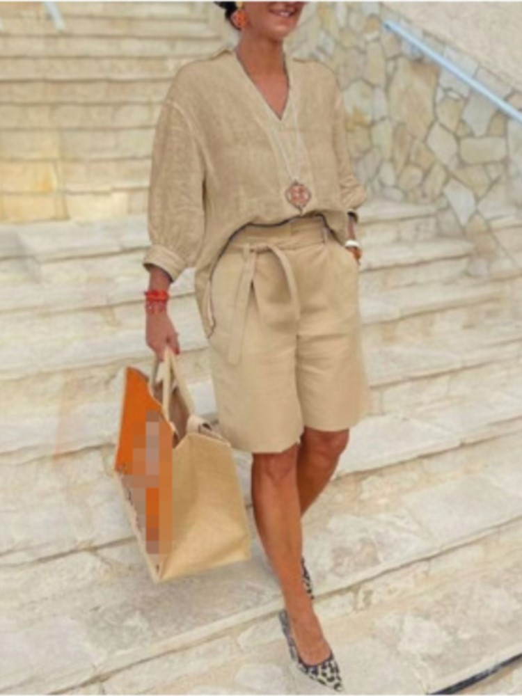 ゆったりとしたコットンとリネンのツーピースセット,半袖,Vネ - Summer Linen Clothing For Women のレビューと価格