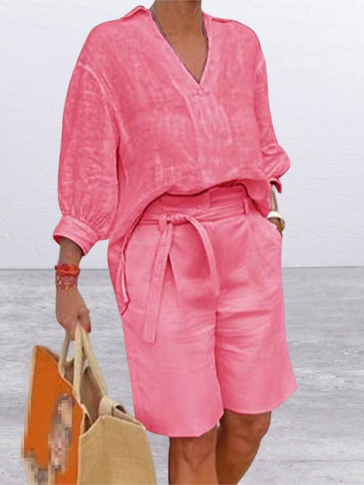 ゆったりとしたコットンとリネンのツーピースセット,半袖,Vネ - Summer Linen Clothing For Women のレビューと価格