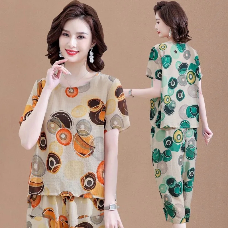半袖Tシャツ,夏,母親用の綿とリネンのツーピースセット,エレ - Summer Linen Clothing For Women のレビューと価格