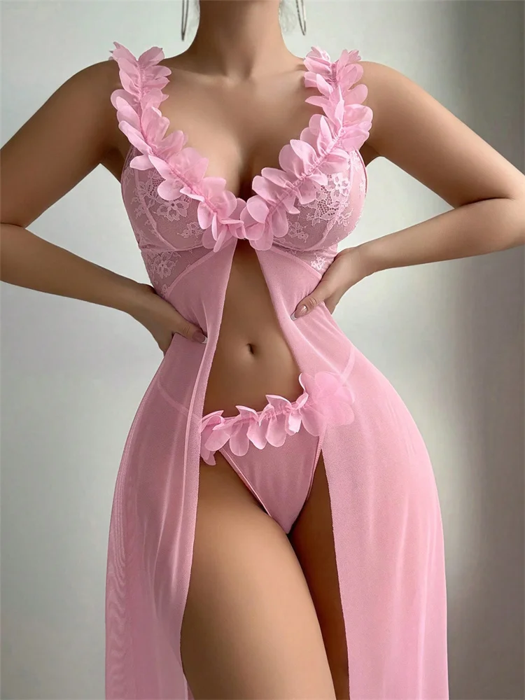ピンクの花柄セクシーナイトウェア、女性用ベビードールランジェ - Summer Clothing Offers のレビューと価格
