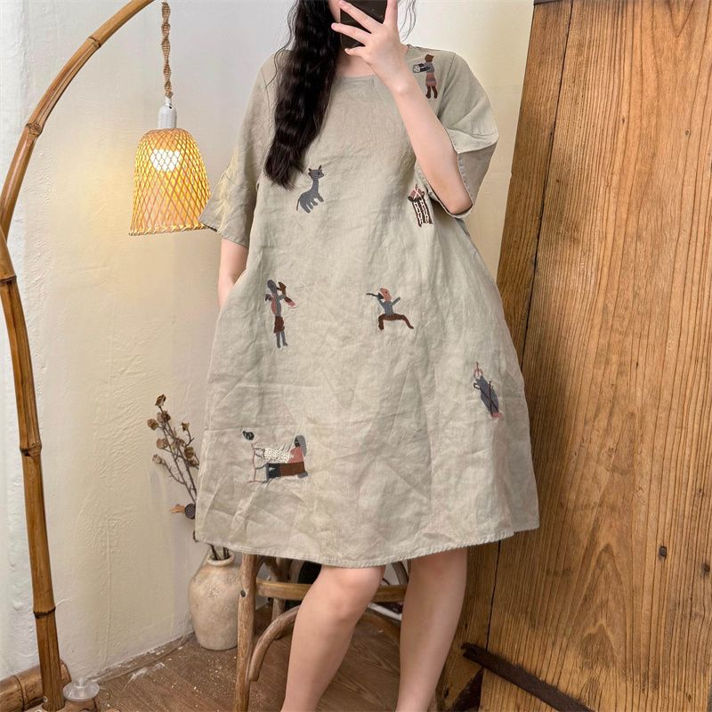 プラスサイズの女性の夏のカジュアルレトロドレスルーズAライン - Summer Linen Clothing For Women のレビューと価格