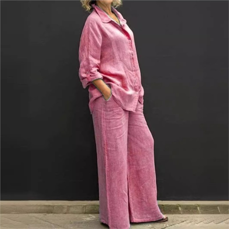 女性用長袖ツーピースセット,ボタン付きカジュアルトップ,ゆっ - Summer Linen Clothing For Women のレビューと価格