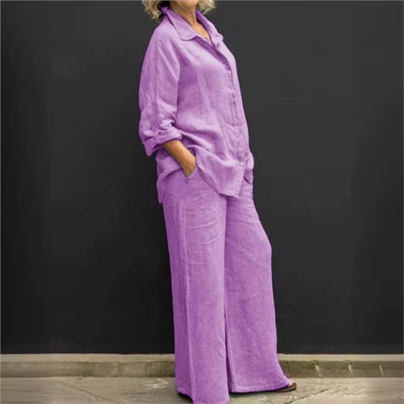 女性用長袖ツーピースセット,ボタン付きカジュアルトップ,ゆっ - Summer Linen Clothing For Women のレビューと価格