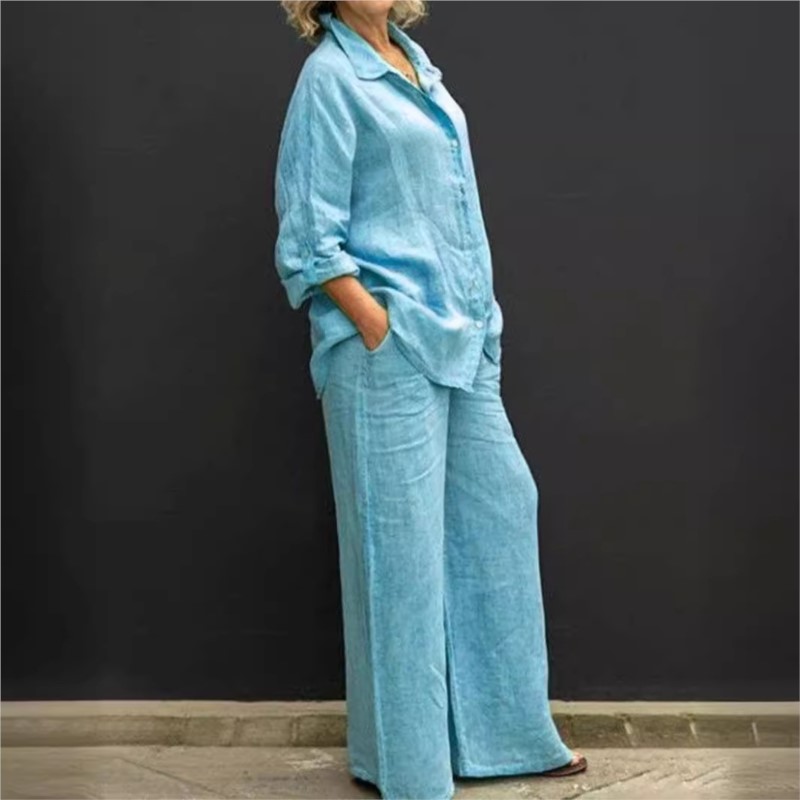 女性用長袖ツーピースセット,ボタン付きカジュアルトップ,ゆっ - Summer Linen Clothing For Women のレビューと価格