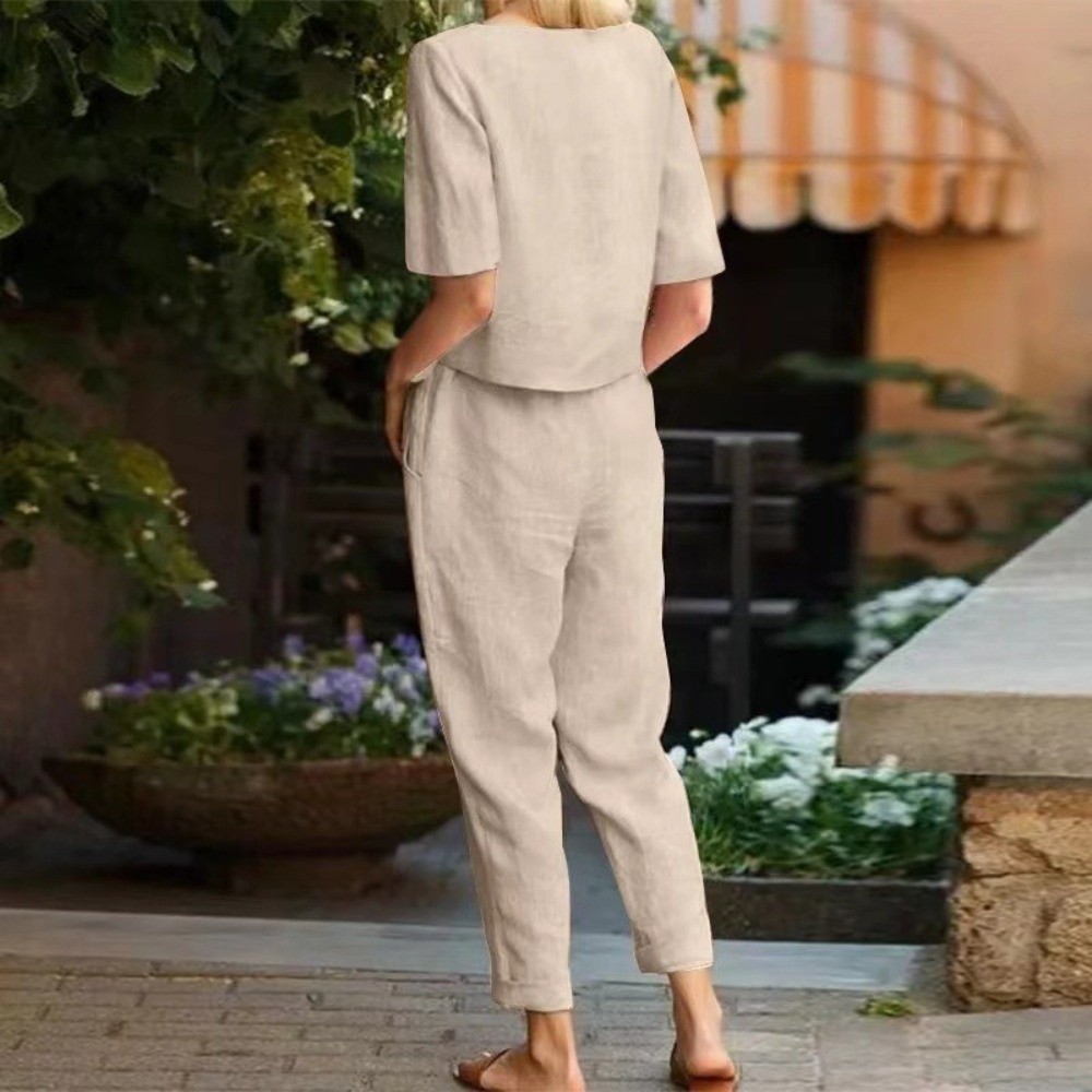 半袖レディース綿麻スーツ ラウンドネック ワイドレッグ 夏用 - Summer Linen Clothing For Women のレビューと価格