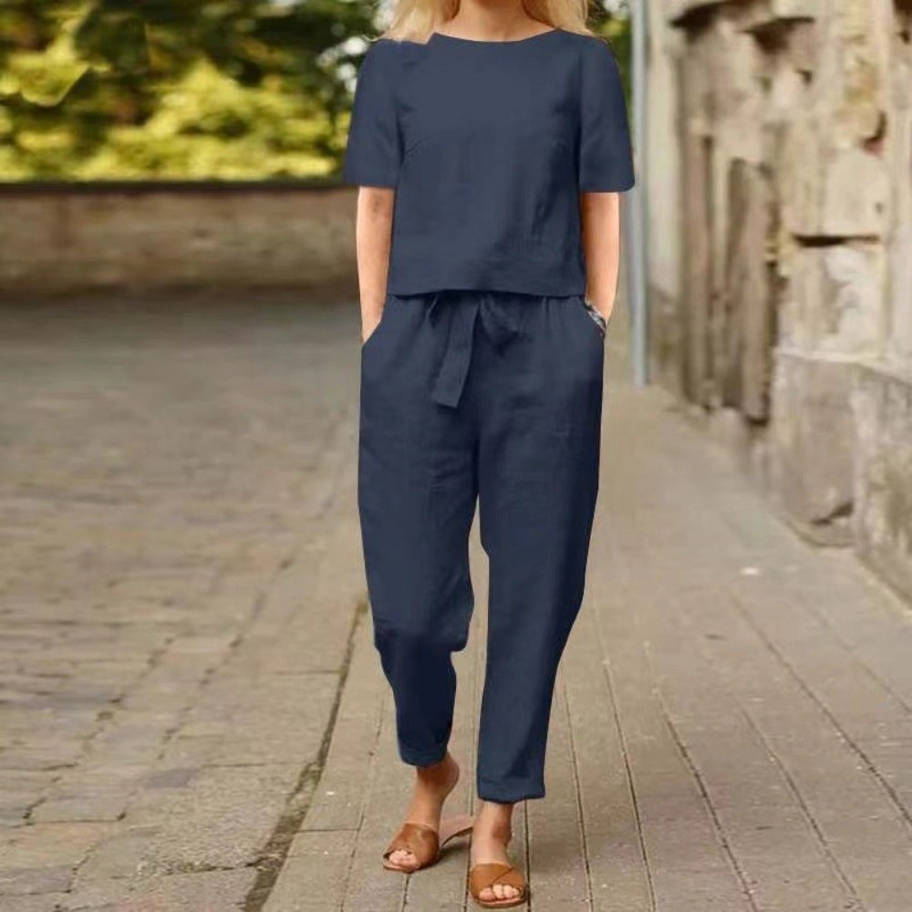 半袖レディース綿麻スーツ ラウンドネック ワイドレッグ 夏用 - Summer Linen Clothing For Women のレビューと価格
