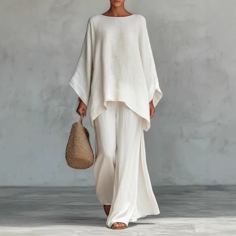 春の新作ファッションリネンルーズ長袖ワイドレッグパンツ2点セ - Summer Linen Clothing For Women のレビューと価格